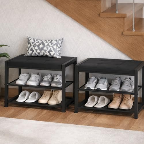 3-Tier Shoe Storage Bench with Padded PU Leather Seat, Entryway Shoe Rack