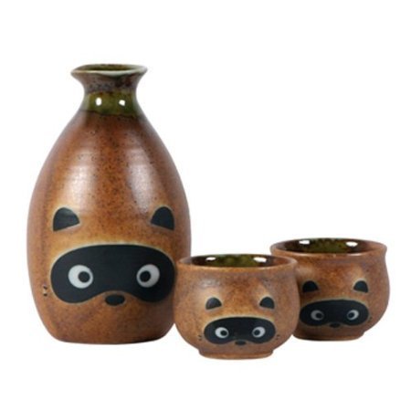 3-Piece Tanuki Raccoon Sake Set with Cups - Ceramic Japanese Beverage Gift