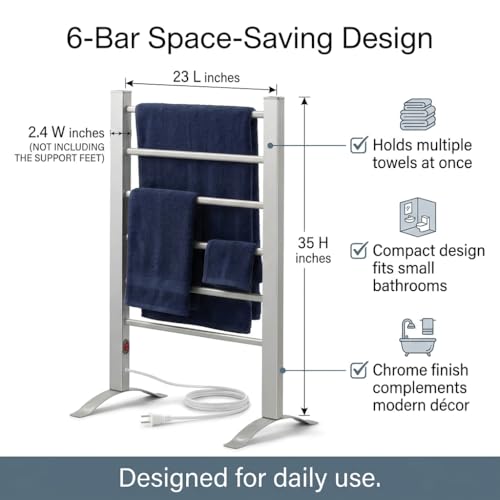 6-Bar Electric Heated Towel Rack - Wall Mounted or Freestanding Dryer