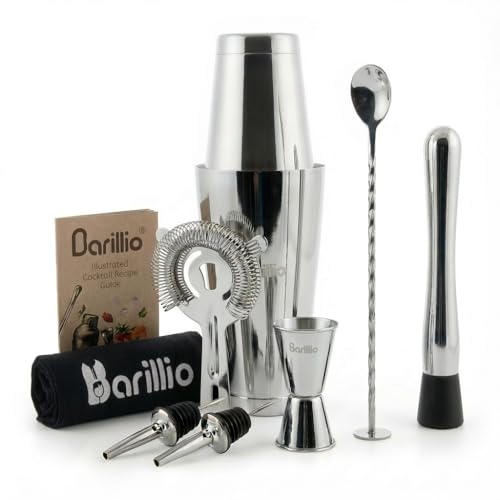Barillio Silver Weighted Boston Cocktail Shaker Set with Strainer & Accessories - 9-Piece Bar Tool Kit for Home Mixology