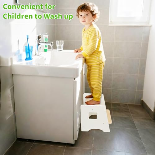 Wood City Toddler Step Stool - White & Natural Wooden 2-Step Bathroom & Kitchen Helper for Kids