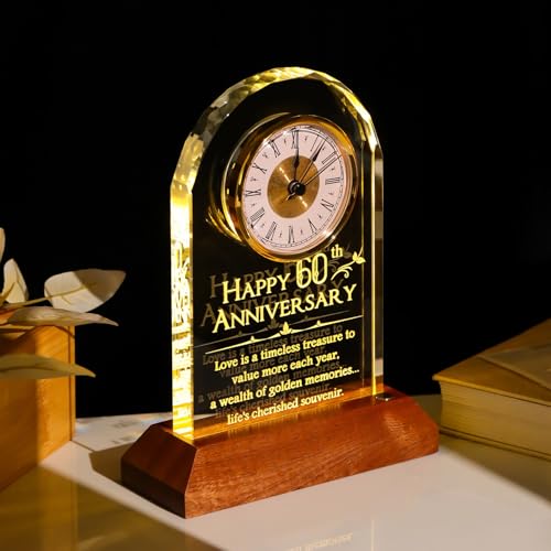 60th Wedding Anniversary Glass Desk Clock with LED Light Base