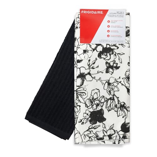 2-Piece Cotton Kitchen Towel Set - 16 x 26 Inch Dish Towels, Black Floral