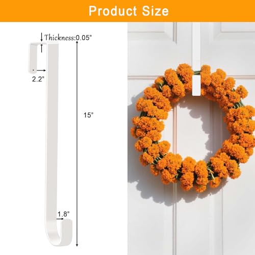 15 Inch Over the Door Wreath Hanger - Heavy Duty Metal Door Hook (White)