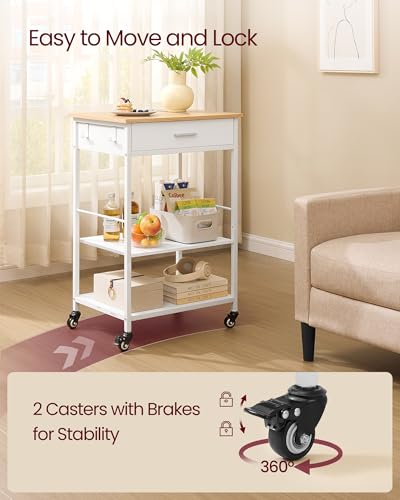 Mobile Kitchen Island Cart with Storage Drawer and Shelves, Oak and White