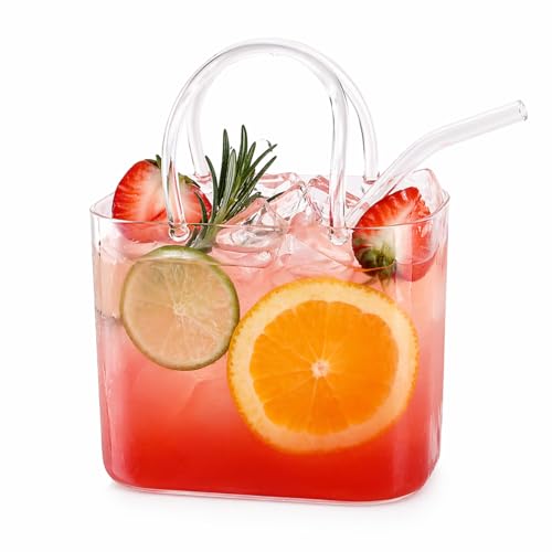 Handbag Shaped Glass Cup with Straw - 26oz Trendy Drinking Glass