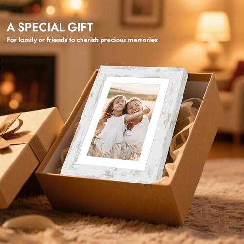 Hongkee Distressed White Wooden 5x7 Picture Frame with Glass for Wall and Tabletop