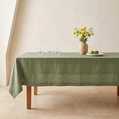 Solino Home 100% Pure Linen Rectangle Tablecloth Oil Green 60 x 90 inches - Elegant Dining Decor