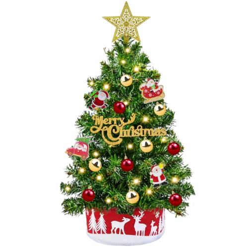 Grandeal 24-Inch Green Mini Christmas Tree with Lights & Ornaments, Timer