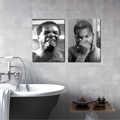 Funny Bathroom Canvas Wall Art Set - Vintage Black & White Comedy Movie Posters 12x16in