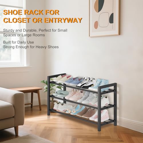 3-Tier Expandable Metal Shoe Rack, Heavy-Duty Steel Storage Organizer