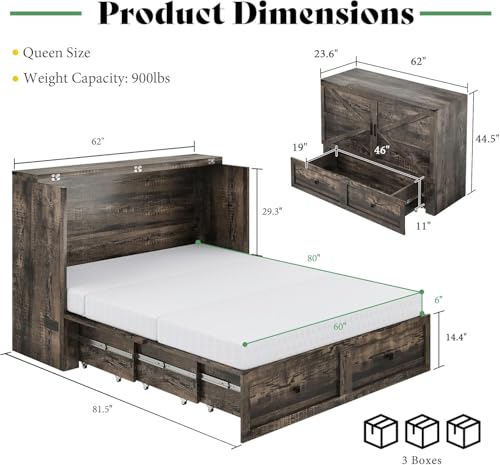 Queen Murphy Bed with Memory Foam Mattress, Storage Drawer & Charging Station