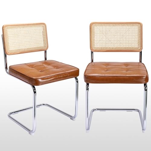 Natural Rattan Dining Chairs - Mid Century Modern Cantilever Set of 2