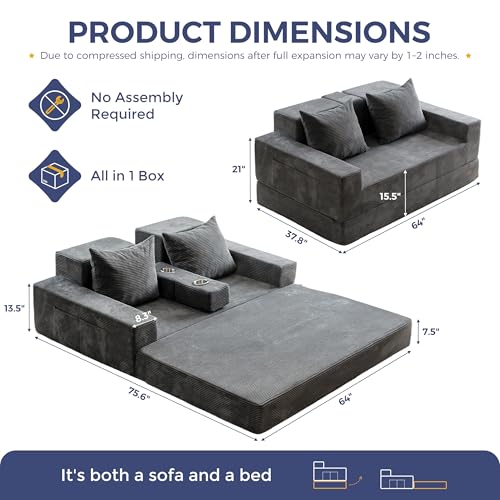 64-Inch Foldable Loveseat Sofa Bed with Cup Holders, Grey Corded Fabric