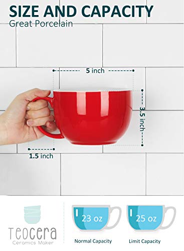 Teocera Red Mug Set of 4 - 24oz Jumbo Coffee Cups with Striped Design, Microwave Safe, Large Handle, Holiday Gift