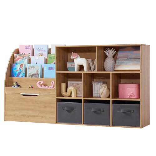 Kids Bookshelf and Toy Storage Organizer with Drawer and Bins
