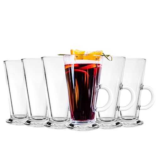 Classic Irish Coffee Mugs Set of 6 - 9oz Tall Glass Latte Cups with Handle