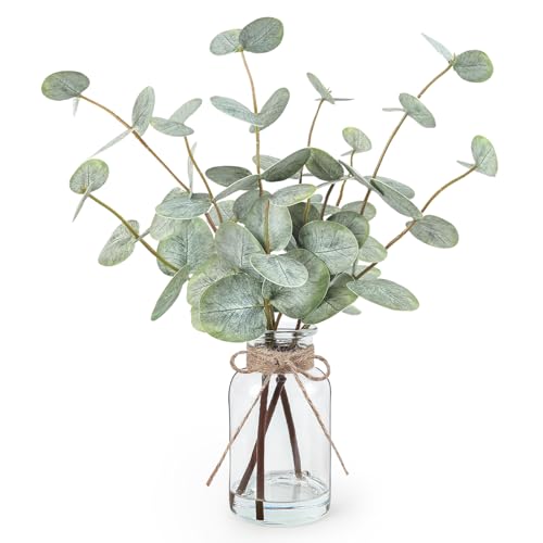 Artificial Eucalyptus Stems in Glass Vase with Faux Water, 13.5" Centerpiece