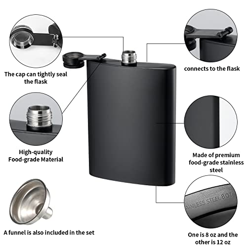 KABUDA 2 Pack Stainless Steel Hip Flasks 8 Oz & 12 Oz Leakproof Set