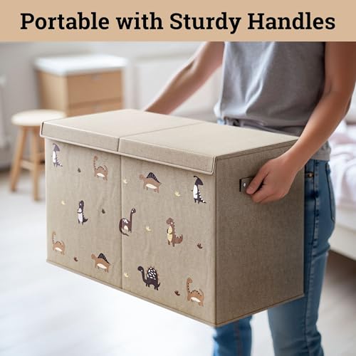 Collapsible Toy Storage Box with Lid, Divider & Dinosaur Print
