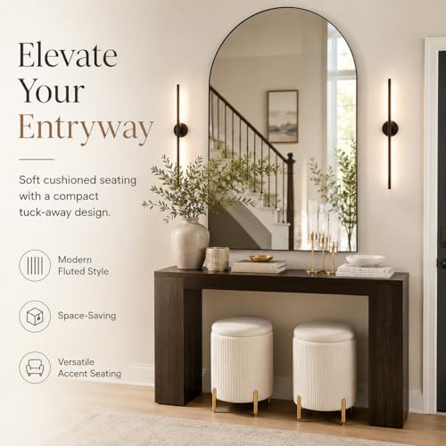 Round Velvet Storage Ottoman with Metal Legs, Cream Padded Footstool