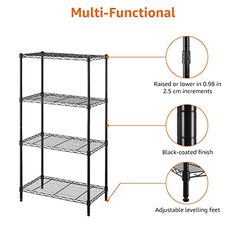 Amazon Basics 4-Shelf Steel Wire Storage Shelves, Black Metal Unit