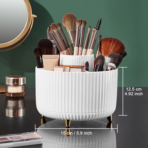Diesisa White Rotating Makeup Brush Organizer with 5 Slots, 360° Spin Cosmetic Storage