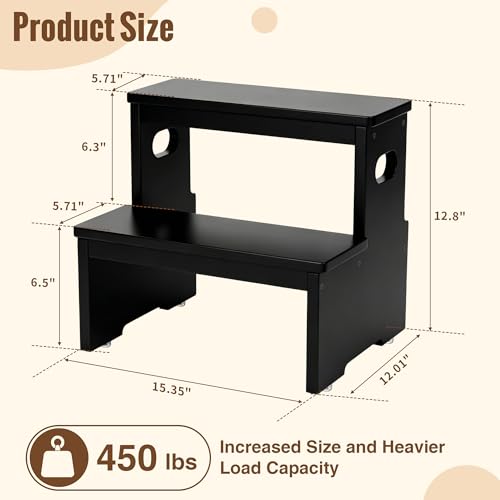 2-Step Bamboo Step Stool, Heavy Duty 450lb Capacity for Adults and Kids