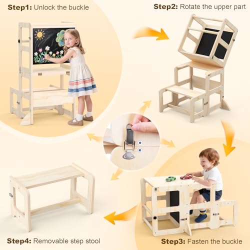 4-in-1 Foldable Toddler Learning Tower & Step Stool with Chalkboard