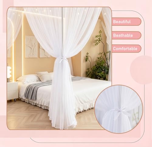 Bed Canopy Curtains with Star Lights - 8 Panel White Tulle Drapes (Full/Queen)