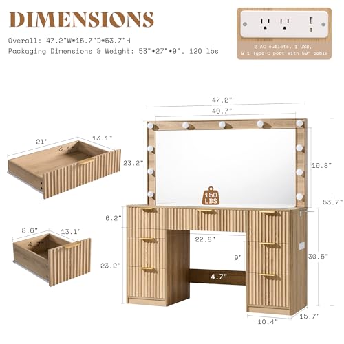 47-Inch Fluted Makeup Vanity Desk with Lighted Mirror and 7 Drawers