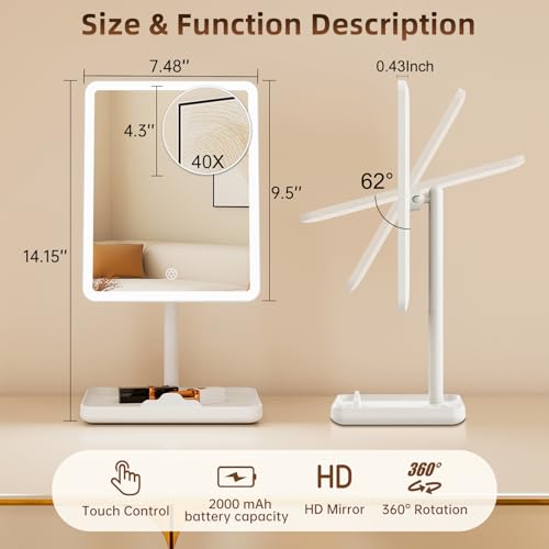FUNTOUCH 9.5x7.5 Inch Rechargeable Vanity Mirror with Lights & 40X Magnifier, White