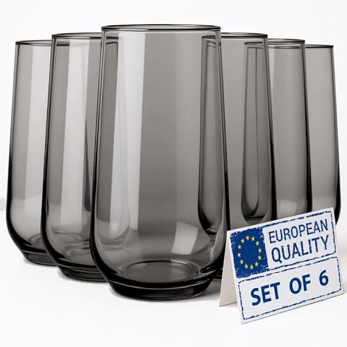 Biandeco Set of 6 Grey Smoked Glasses 16 oz - Modern Black Charcoal Drinkware