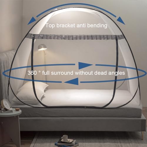 Pop-Up Mosquito Net Bed Tent - Fully Enclosed Canopy (Full/Queen, Gray)