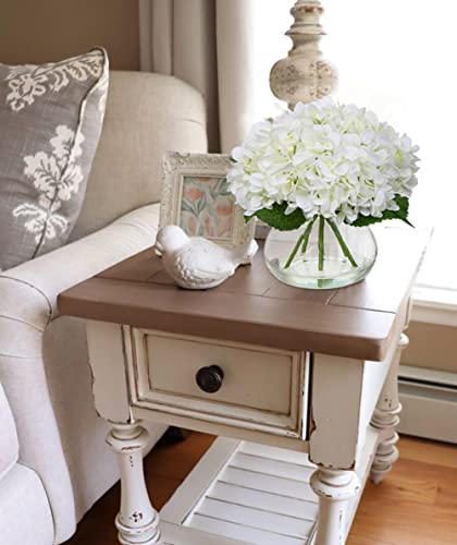 White Silk Hydrangea Artificial Flowers in Glass Vase with Faux Water