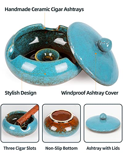 Ceramic Windproof Ashtray with Lid - Blue 4.5-inch Outdoor Cigar Ash Tray