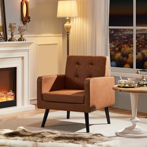 Mid-Century Faux Leather Accent Chairs, Set of 2, Brown Upholstered Armchairs