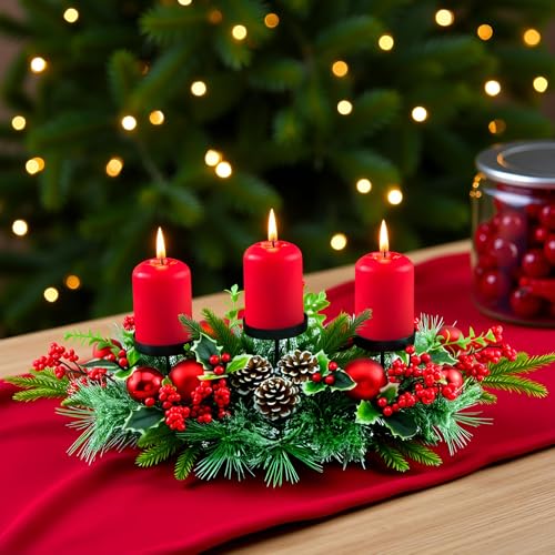 28" Christmas Triple Candelabrum Centerpiece with Berries & Pine Cones