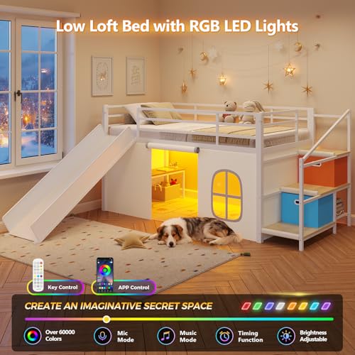 Twin Low Loft Bed with Slide, Storage Stairs, Desk, and Secret Fort