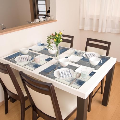 Abstract Blue Grey Linen Placemats Set of 4, 12x18 Inch Farmhouse Table Mats