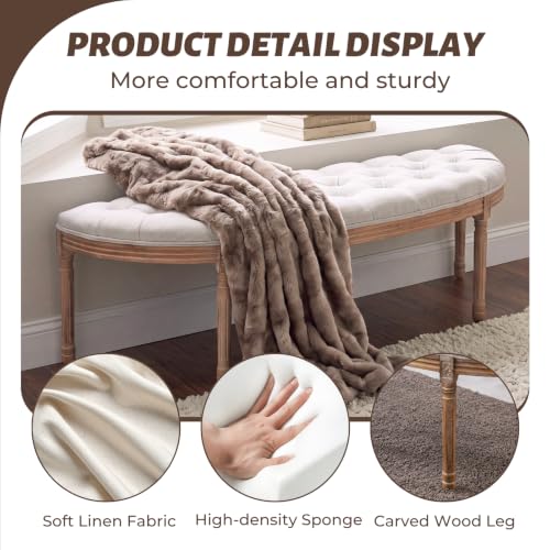 55-Inch Button-Tufted Half-Moon Dining Bench, Upholstered Linen Seat