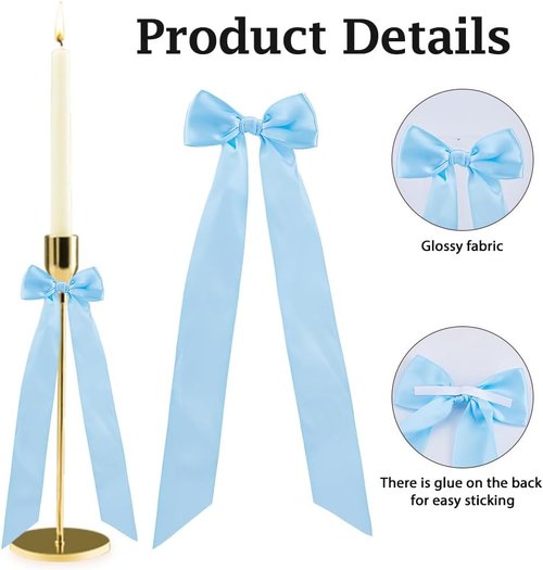 DICOSMETIC 12Pcs Sky Blue Bow Candlestick Decor - Large Polyester Ribbons for Christmas & Weddings