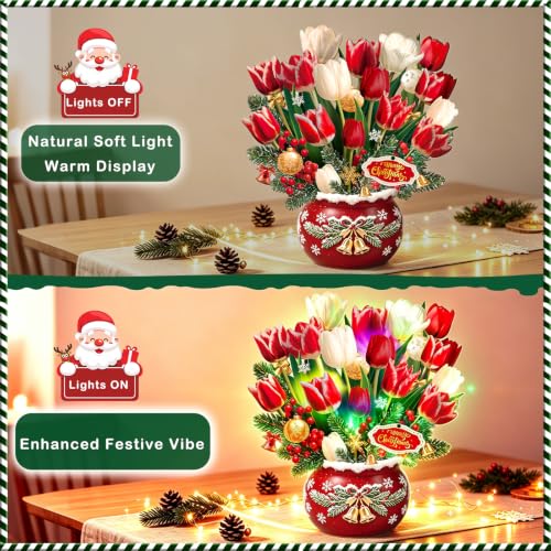 Rayilyn Christmas Tulips Pop Up Card with Lights & Music - 10.5 Inch Holiday Bouquet with Pine, Bells, Ornaments