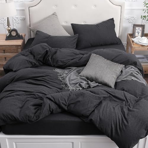 100% Cotton Jersey Knit Queen Duvet Cover Set - Heather Charcoal Grey