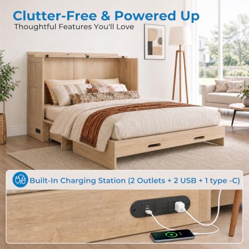 Queen Murphy Cabinet Bed with Tri-Folding Mattress and USB Charging Station