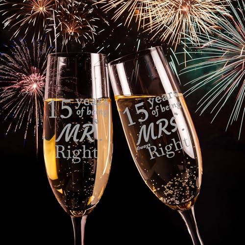15th Anniversary Champagne Flutes Set of 2 with Gift Box – Crystal Glass, Elegant Design