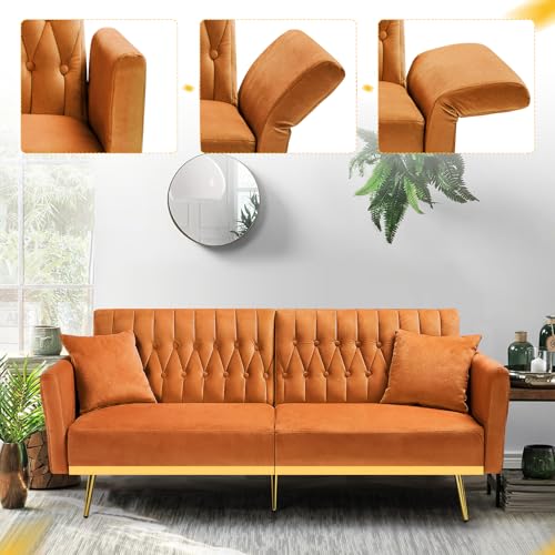 70-Inch Velvet Convertible Futon Sofa Bed with Adjustable Armrests