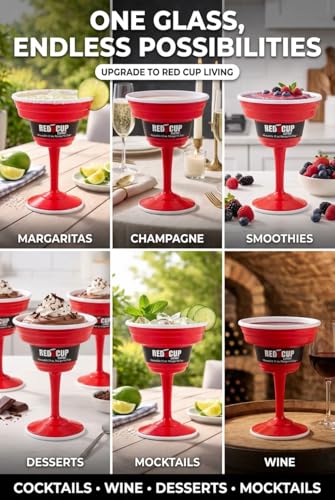 Red Cup Living Reusable 15 oz Plastic Margarita Glasses with Stem - Shatterproof Party Drinkware for Outdoor & Poolside, Variation 1