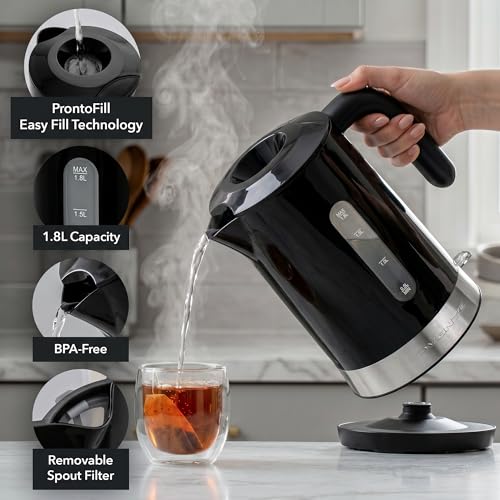 OVENTE 1.8L Electric Tea Kettle Black – Fast Boil, Easy Fill, BPA-Free