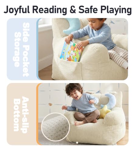 Kids Bean Bag Chair with Plush Toys & Side Pocket, Beige Corduroy Seat